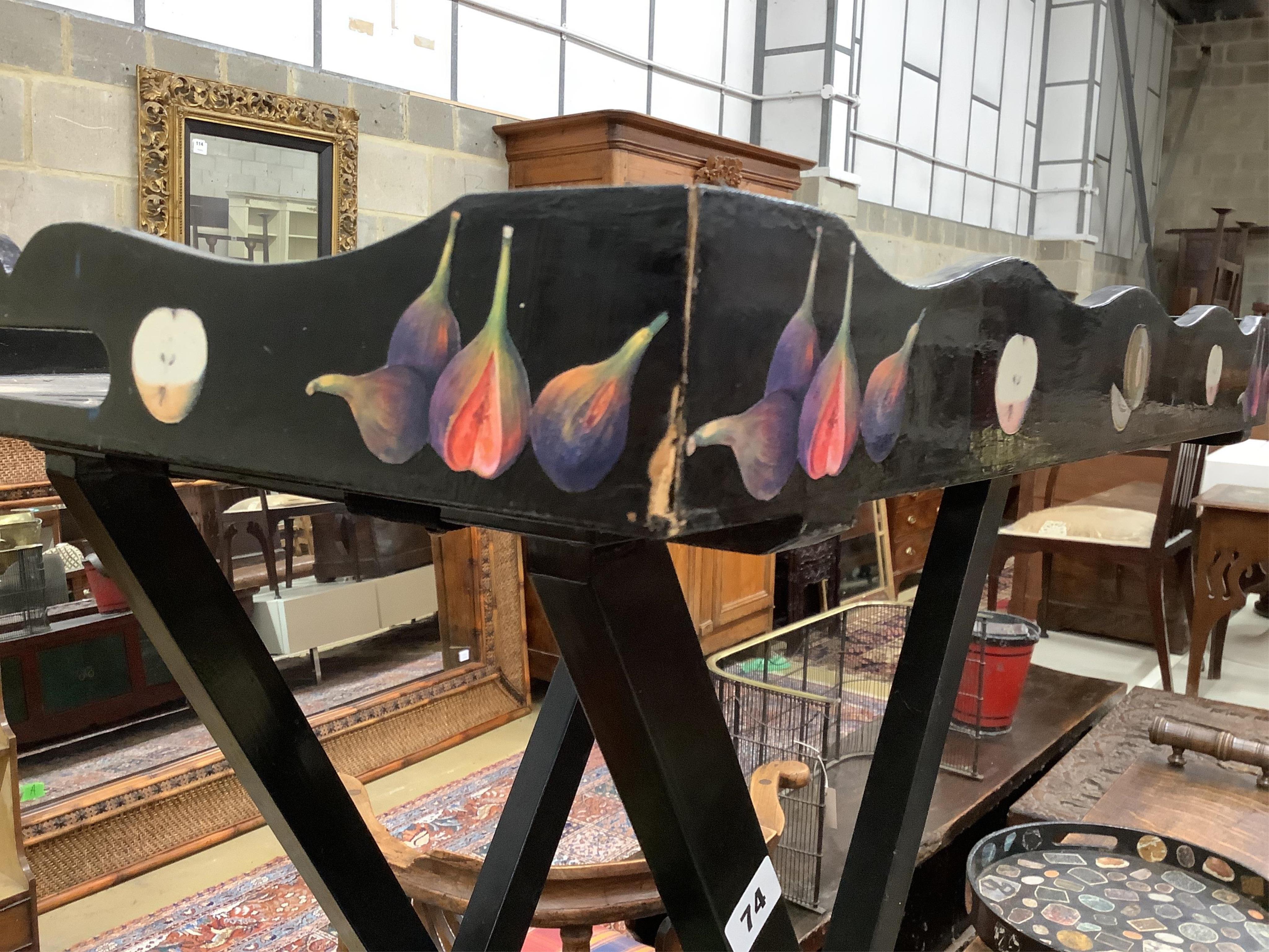 Julia Black, a decoupage butler's tray on folding stand, width 58cm, height 78cm, together with a circular tray. Condition - fair